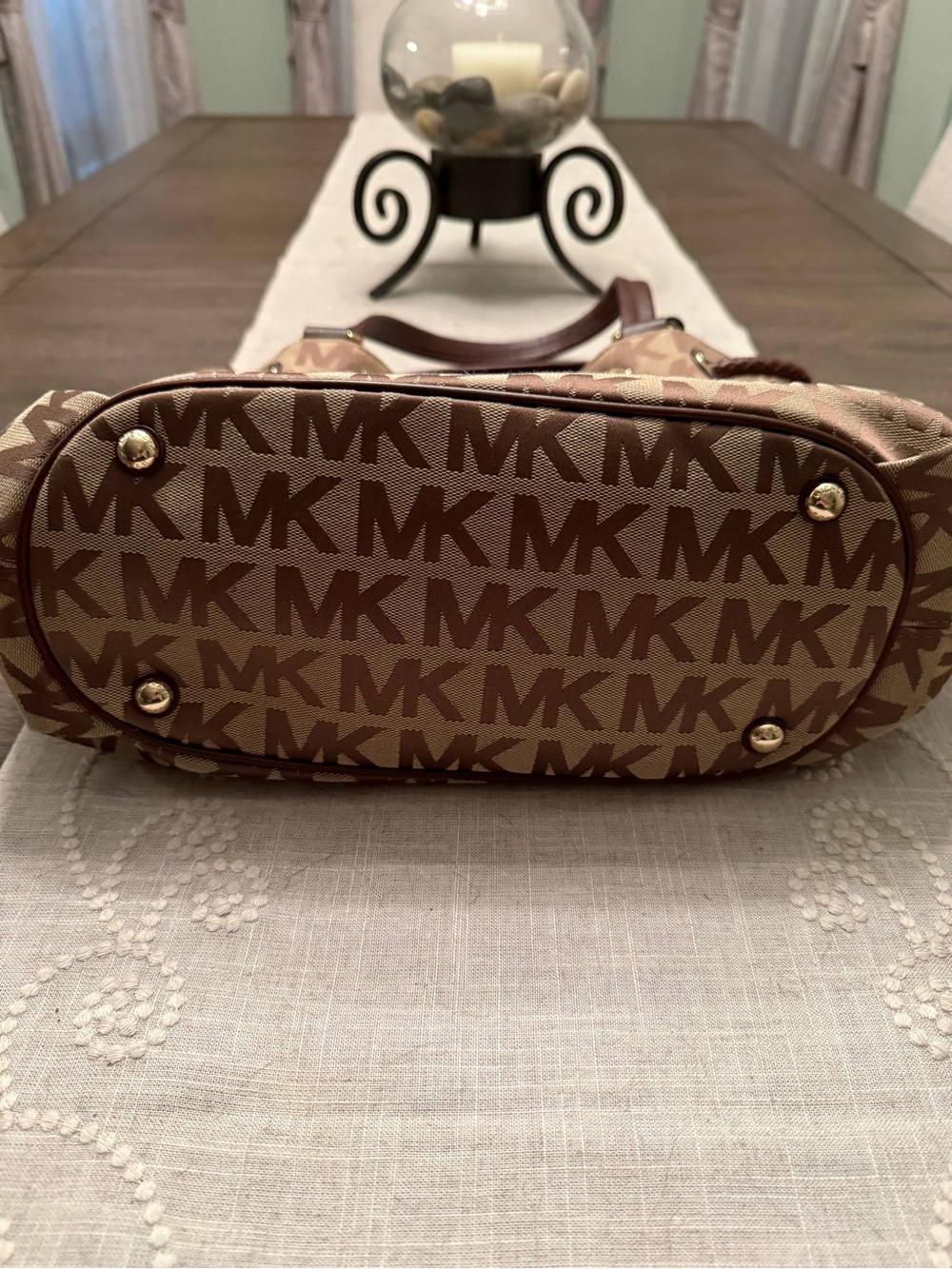 Michael Kors Brown Monogram Drawstring Tassel Handbag & Wallet MK Logo MSRP $450 - Picture 5 of 12